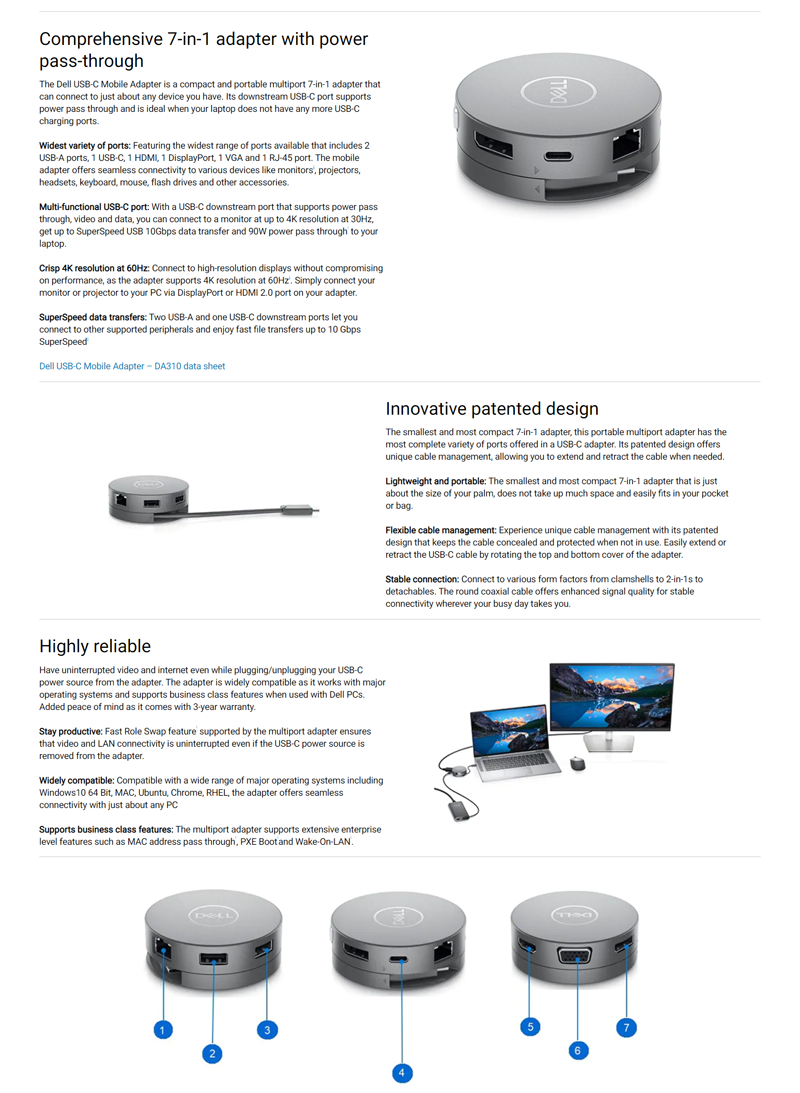 Dell DA310 USBC Mobile Adapter 450AKMS, 2x USBA, USBC, HDMI