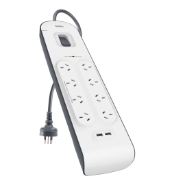 Belkin SurgePlus 8-Outlet Surge Protector With Dual USB Port 2.4 Amp-White(BSV804au2M),Heavy Duty 2M Power Cord,900 Joules,$50000 CEW,2 Years Warranty BSV804au2M