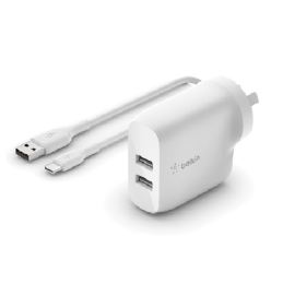 Belkin BoostCharge 24W Dual Usb-a Wall Charger + Usb-a To Usb-c Cable (1M) - White (WCE001au1MWH), 2xUSB-A (12W), Cew $2,500, 2 Years Warranty WCE001au1MWH