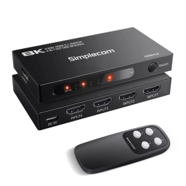 Simplecom CM324v2 4-Port Hdmi 2.1 Switch With Remote 4 In 1 Out Splitter Hdcp 2.3 8K@60Hz CM324v2