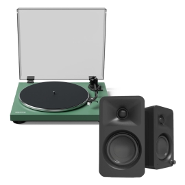 Kanto OBI3 Turntable - Matte Green With Kanto Ora 100W Powered Speakers - Black Bundle KO-OBI3VMN-B