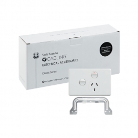4C | Classic Single Power Point 250V 10A with 16AX Extra Switch - Horizontal - 10 Pack with 10 FREE C-Clips 040.000.0309.10PACK