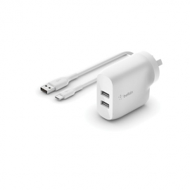 Belkin BOOST CHARGE Dual USB-A Wall Charger 24W + USB-A to USB-C cable White WCE001au1MWH