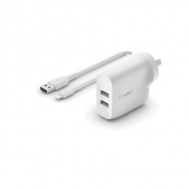 Belkin Boost Charger Dual USB-A Wall Charger 24W + Lightning to USB-A Cable White WCD001au1MWH