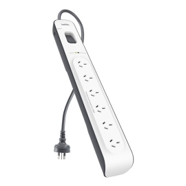 Belkin 6 - Oulet Surge Protection Strip with 2M Power Cord - White/Grey ( BSV603au2M),Damage-resistant,Rated to withstand a power surge of 650 joules
