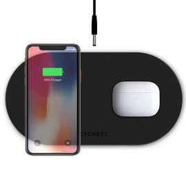 Cygnett TwoFold 20W Dual Wireless Phone Charger - Black (CY3411WIRDE), Includes DC Wall Charger with Integrated 1.5m Charge Cable, Smart Charging