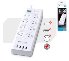 Sansai 8 Outlet 3*USB-A & 1*USB-C Powerboard Master On/Off switch Surge and overload protected 1M 20W 220-240V 10A IV Retail box