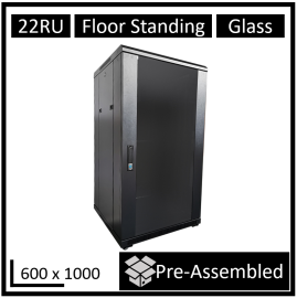 LDR Assembled 22U Server Rack Cabinet (600mm x 1000mm), Glass Door, 1x 8-Port PDU, 1x 4-Way Fan, 2x Fixed Shelves - Black Metal Construction WB-NC602215B