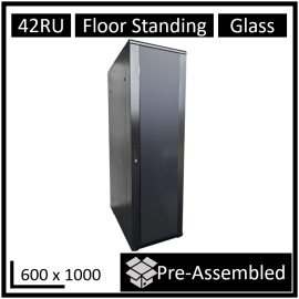 LDR Assembled 42U Server Rack Cabinet (600mm x 1000mm) Glass Door, 1x 8-Port PDU, 1x 4-Way Fan, 2x Fixed Shelves - Black Metal Construction WB-NC604215B