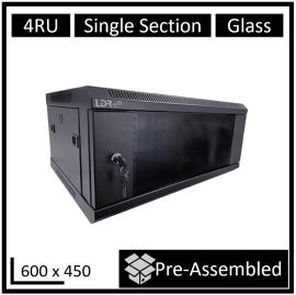 LDR Assembled 4U Wall Mount Cabinet (600mm x 450mm) Glass Door - Black Metal Construction - Top Fan Vents - Side Access Panels WB-SS64040NB