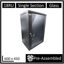 LDR Assembled 18U Wall Mount Cabinet (600mm x 450mm) Glass Door - Black Metal Construction - Top Fan Vents - Side Access Panels WB-SS64180NB