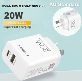 PISEN 20W Dual Port (USB-A QC3.0 18W + USB-C PD 20W) Fast Wall Charger - (6902957164887), 3x Faster Charging, Travel-Ready, Super Small 6.90296E+12
