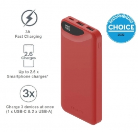 Cygnett ChargeUp Boost 3rd Gen 10K mAh Power Bank - Red (CY4343PBCHE), 1x USB-C(15W),2x USB-A(12W),15cm USB-C Cable,Digital Display,Charge 3 Devices CY4343PBCHE