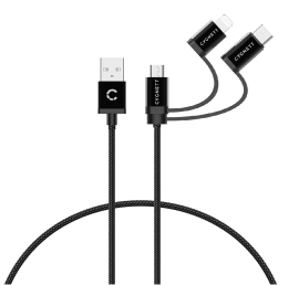 Cygnett 3-in-1 (USB-A to Lightning + USB-C + Micro-USB) Cable (1M) - Black (CY3571COCAB), 2.4A/12W, MFi, Fast Charging for iPhone & iPad, 2 Yr. WTY. CY3571COCAB
