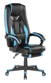 Brateck Premium PU Gaming Chair with Lumbar Support and Retractable Footrest (63x71x119~129cm) up to 150kg-PU Leather,PVC Leather-Black-Blue CH06-26