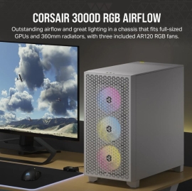 Corsair Carbide Series 3000D RGB Solid Steel Front ATX Tempered Glass White, 3x AR120 RGB Fans & Adapter pre-installed. USB 3.0 x 2, Audio I/O. Case CC-9011256-WW