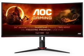 AOC 34" 3K Gaming 1ms 144hz, 130mm Height Adjustable Stand. FreeSync Premium, 3-sided Frameless Gaming Monitor U34G3XM/EU