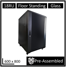 LDR Assembled 18U Server Rack Cabinet (600mm x 800mm) Glass Door, 1x 8-Port PDU, 1x 4-Way Fan, 2x Fixed Shelves - Black Metal Construction WB-NC681815B