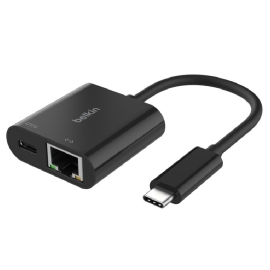 Belkin USB-C to Ethernet + Charge Adapter - Black(INC019BTBK), USB-C Power Delivery up to 100W, Ethernet connection supporting 10/100/1000 Mbps INC019BTBK