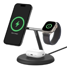 Belkin BoostCharge Pro 3-in-1 Magnetic Wireless Charging Stand with Qi2 15W, Black(WIZ023AUBK), 36W Power Supply With Attached USB-C Cable WIZ023AUBK