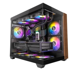OKINOS M6 ARGB ATX Genuine Walnut Wood, Panoramic View, Type-C, 4 x120mm ARGB & PWM Fans included,Tempered Glass Side Panel, Black, Case CAO-M6ARGB