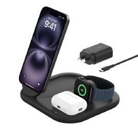 Belkin BoostCharge 3-in-1 Magnetic Foldable Wireless Charger 15W With Qi2 - Black (WIZ029auBK),30W USB-C PS,1.5m USB-C to USB-C Cable,2 Years Warranty WIZ029auBK