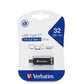Verbatim 32GB Type-C USB 3.2 Flash Drive - Black Retail Pack 70903 Ultra Fast Transfer, Compact and Light weight design 70903