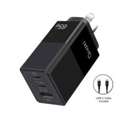 Just You PC Oxhorn 65W GaN Type C fast Charger 3 Port 2xUSB-C 1xUSB-A PD3.0 QC4.0 PPS AUS Approved C-tick Black with cable NB-PD65CCAB