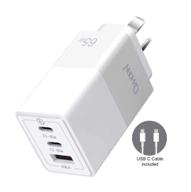 Just You PC Oxhorn 65W GaN Type C fast Charger 3 Port 2xUSB-C 1xUSB-A PD3.0 QC4.0 PPS AUS Approved C-tick White with cable NB-PD65CCAW