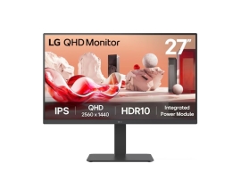 LG 27” QHD IPS Monitor, 2560x1440, HDR10, 99% sRGB, 75 Hz, integrated power, adjustable stand (tilt/height/swivel/pivot), Flicker Safe & Reader Mode 27BA45QB-B.AAU