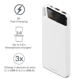 Cygnett ChargeUp Boost 4th Gen 10K mAh Power Bank-White(CY4748PBCHE)Triple Port(Dual USB-A 15W+1xUSB-C 15W),15cm USB-C Cable,15W Max,2 Years Warranty CY4748PBCHE