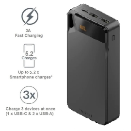 Cygnett ChargeUp Boost 4th Gen 20K mAh Power Bank- Black(CY4751PBCHE)Triple Port(Dual USB-A 15W+1xUSB-C 15W),15cm USB-C Cable,15W Max,2 Years Warranty CY4751PBCHE