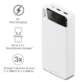 Cygnett ChargeUp Boost 4th Gen 20K mAh Power Bank- White(CY4752PBCHE)Triple Port(Dual USB-A 15W+1xUSB-C 15W),15cm USB-C Cable,15W Max,2 Years Warranty CY4752PBCHE