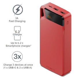 Cygnett ChargeUp Boost 4th Gen 20K mAh Power Bank -Red(CY4753PBCHE)Triple Port(Dual USB-A 15W + 1xUSB-C 15W),15cm USB-C Cable,15W Max,2 Years Warranty CY4753PBCHE