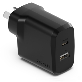 Cygnett PowerPlus 32W Dual Port (20W USB-C + 12W USB-A) PD Fast Wall Charger-Black(CY4773PDWCH),Palm-Size,Portable,Charge 2x Devices,2 Years Warranty CY4773PDWCH