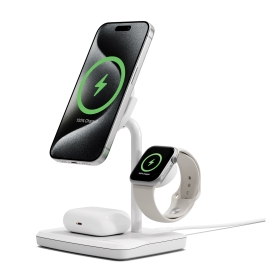 Cygnett ChargeBase Qi2 3-in-1 Magnetic 15W Wireless Charger-White(CY5070BUNCP),1.2M USB-C Cable,5W Watch Charger, 180° Swivel Head,2 Years Warranty CY5070BUNCP