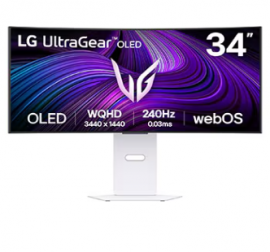 Lg ULTRAGEAR G-SYNC, HDR10, 34",21:9,OLED, CURVED 800R, SMART GAMING, WQHD(3440x1440),0.03ms,240Hz,HDMI(2.1)x2,DP(1.4)x1,USB-C x1,SPK (7Wx2), TILT,SWIVEL 34GX90SA-W