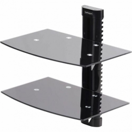 StarTech.com Dual Floating Wall-Mounted AV Shelves, Adjustable Height Shelf For Under TV A/V Equipment, Black Tempered Glass Shelves - Floating wall-mount AV shelves are 5mm thick black tempered glass with an unobstructed surface; Supports 15.4lbs (7kg)
