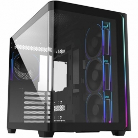 Fsp M580PLUS ATX Mid Tower Gaming Computer Case (Black) - ATX, Micro ATX, ITX - 270° Panoramic Curved Glass - Digital Display - USB Type-C - ARGB fans M580-BP