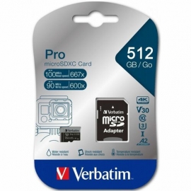 Verbatim Pro 512 GB Class 3/UHS-I (U3) V30 microSDXC - 100 MB/s Read - 90 MB/s Write 47046