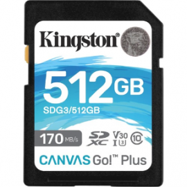 Kingston Canvas Go! Plus SDG3 512 GB Class 10/UHS-I (U3) SDXC - 170 MB/s Read - 90 MB/s Write SDG3/512GB