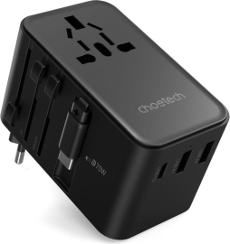 Choetech PD5022 70W Eu/Us/Aus/Uk Travel Adapter With Built-in Usb-c Cable - Black ELECHOPD5022