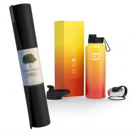 Jade Yoga Harmony Mat- Black & Iron Flask Wide Mouth Bottle with Spout Lid, Fire, 32oz/950ml Bundle JY-368BK-IFB