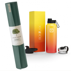 Jade Yoga Harmony Mat - Jade Green & Iron Flask Wide Mouth Bottle with Spout Lid, Fire, 32oz/950ml Bundle JY-368JAG-IFB
