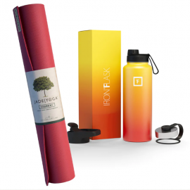Jade Yoga Harmony Mat - Raspberry & Iron Flask Wide Mouth Bottle with Spout Lid, Fire, 32oz/950ml Bundle JY-368RAS-IFB