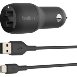 Belkin BoostCharge 24 W Auto Adapter - For Smartphone, USB Type C Device, USB Type A Device - 1.01 M Cable - 12 V Dc Input - 5 V Dc Output - 4.80 A - Black CCE001BT1MBK