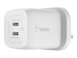 BELKIN 2 PORT WALL CHARGER, 65W USB-C GaN (2) FAST CHARGING, WHITE, 2YR WITH $2500 WCH013AUWH
