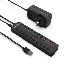 Simplecom CHU810 48W 10-Port USB 3.0 Hub And Charger With Individual Switches 12V/4A Power Adapter BC1.2 Fast Charging CHU810