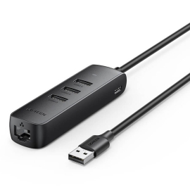 Ugreen 20984 USB 2.0 To 3xUSB2.0 With RJ45 (100Mbps) Ethernet Adapter (Black) ACBUGN20984
