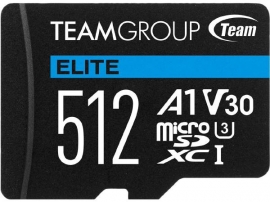 Team Group Elite A1 MicroSDXC Memory Card 512GB, R/W (Max) 100MB/s 50MB/s, 1500/500 IOPs, V30, UHS-I U3 With SD Adapter TEAUSDX512GIV30A103